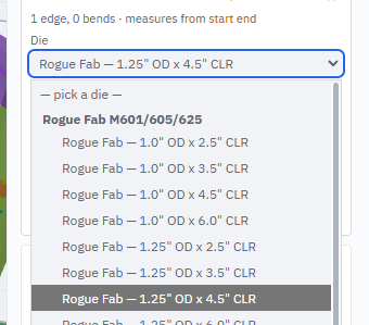 Die selection dropdown
