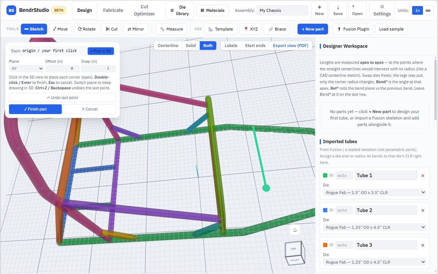 The BendrStudio design workspace, a chassis mid-design with color-coded tubes